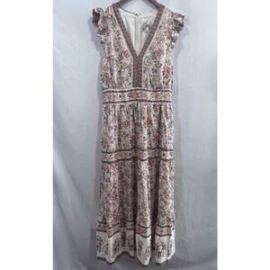 AVARA Floral V-Neck Tiered Boho Cottagecore Midi Dress Women's Size Large